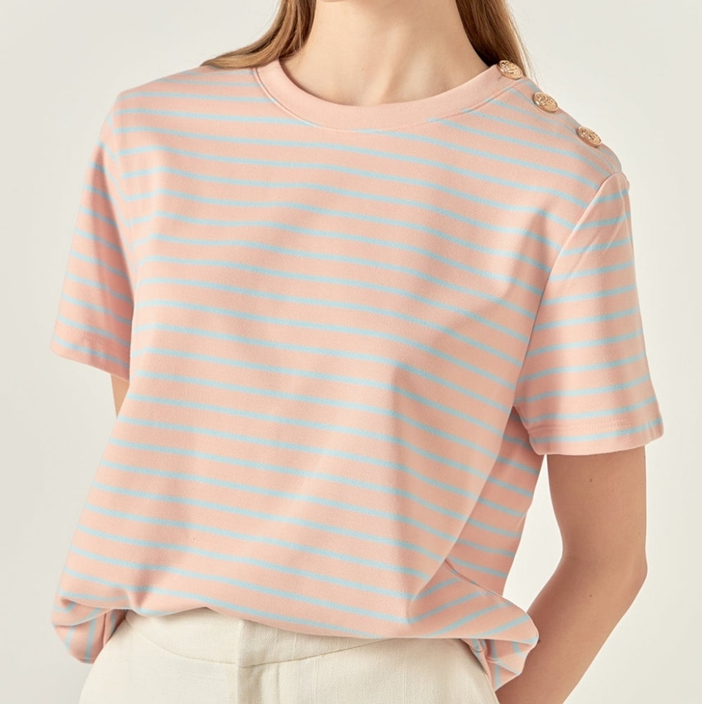 English Factory Pink and Blue Striped Button-Shoulder Tee